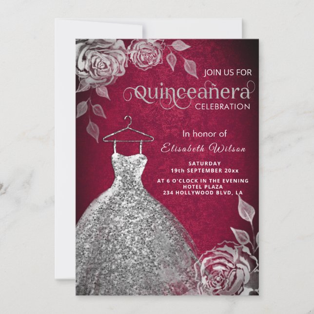 Invitación Rosas de plata secuencia de moda vestir Quinceañer (Anverso)