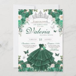 Invitación Rosas de Plata Verde Elegante Princesa Quinceanera