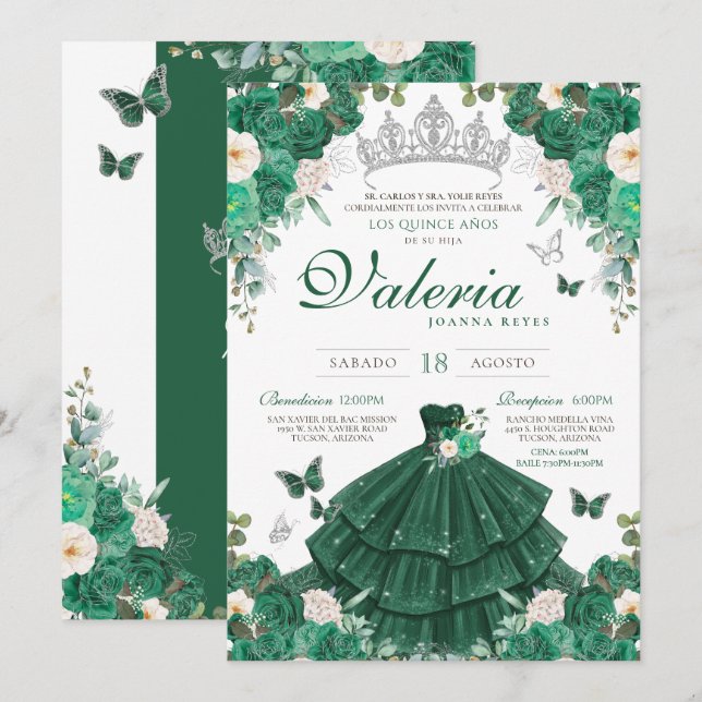 Invitación Rosas de Plata Verde Elegante Princesa Quinceanera (Anverso / Reverso)