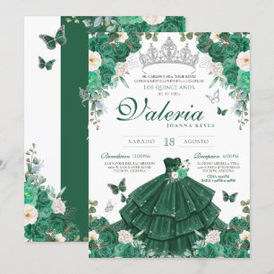 Invitación Rosas de Plata Verde Elegante Princesa Quinceanera