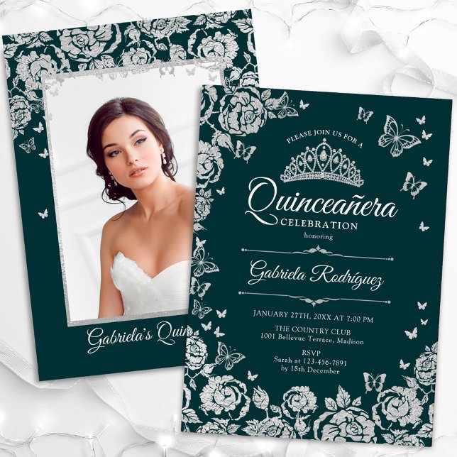 Invitación Rosas de plata verde esmeralda foto de Quinceanera (Subido por el creador)