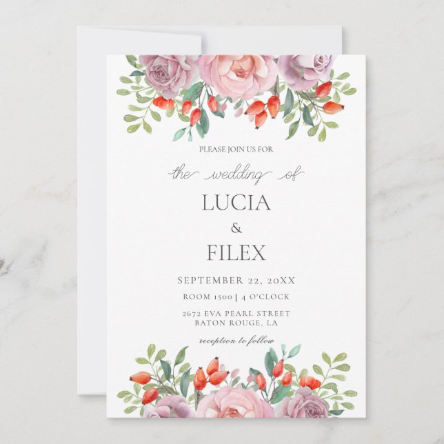Invitación Rosas de primavera Boda floral acuarela (Anverso)