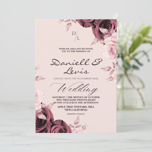 Invitación Rosas de Primavera ⎮ Boda Polvo de Rosa (Anverso de pie)