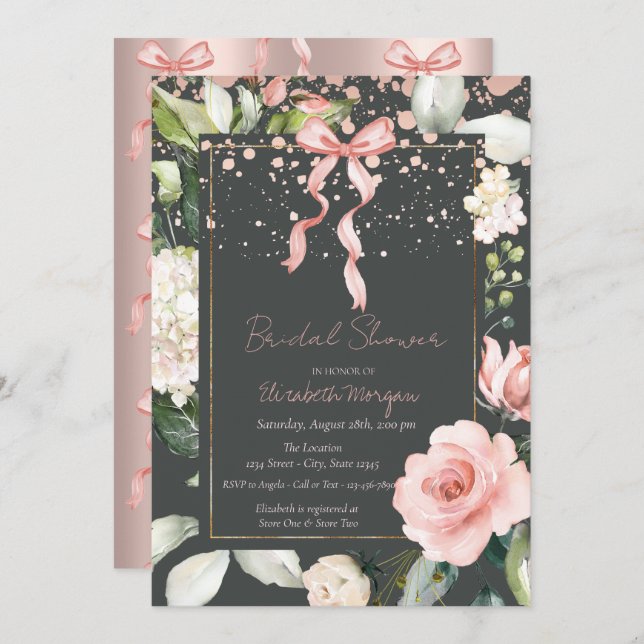 Invitación Rosas de puntos rosados Subió ducha de novia dorad (Anverso / Reverso)