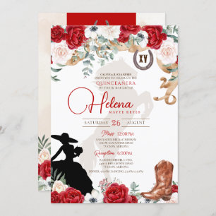 Invitación Rosas de Quinceanera Blanco Rojo Rústico Fancy Cha