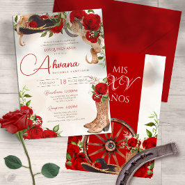 Invitación Rosas de Quinceanera Rojo Vintage Charro Western F