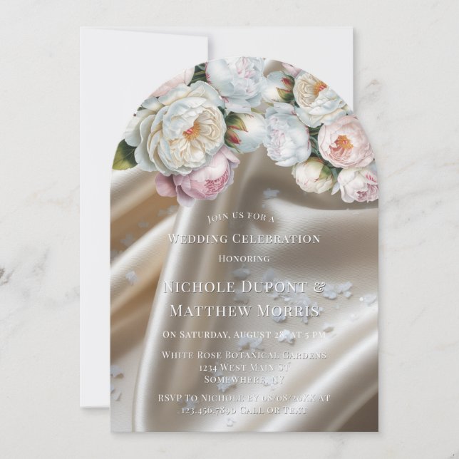 Invitación Rosas de raso blanco y boda de peonía (Anverso)