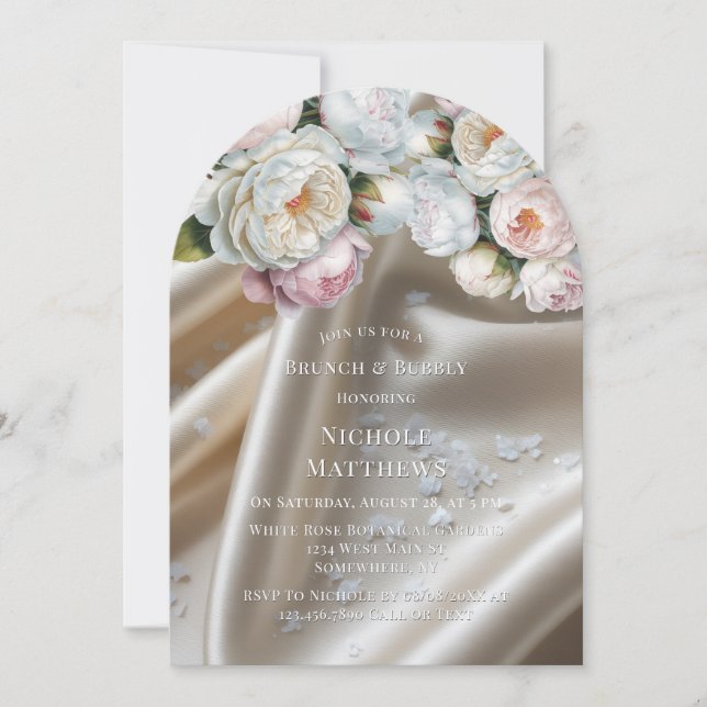 Invitación Rosas de raso blanco y brunch de peonía y burbujas (Anverso)