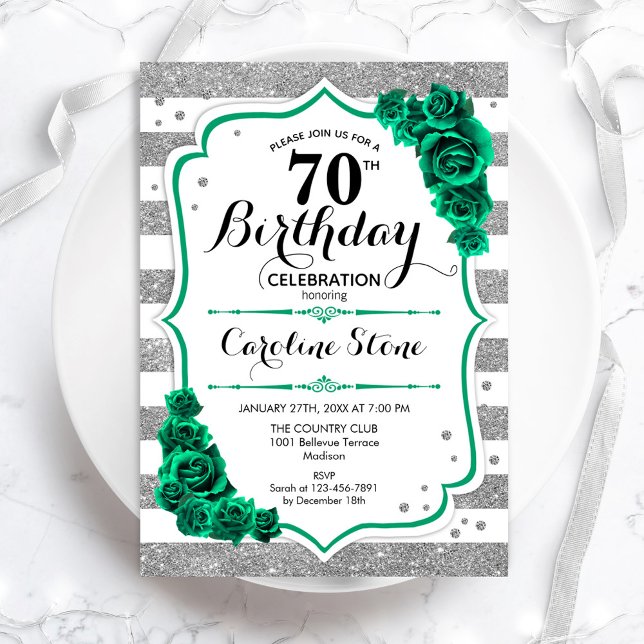 Invitación Rosas de rayas blancas de plata verde 70 cumpleaño (Subido por el creador)