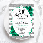 Invitación Rosas de rayas blancas de plata verde 90 cumpleaño<br><div class="desc">Invitación a la fiesta de cumpleaños número 90. Elegante diseño verde esmeralda floral con rosas. Incluye tiras falsas purpurinas de plata y blanco y letra de guión. Perfecto para una elegante celebración del cumpleaños de las mujeres. ¡Se puede personalizar para cualquier edad! Invitaciones Zazzle impresas o una plantilla imprimible digital...</div>