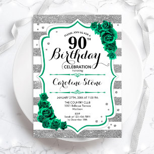 Invitación Rosas de rayas blancas de plata verde 90 cumpleaño