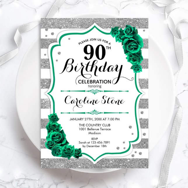 Invitación Rosas de rayas blancas de plata verde 90 cumpleaño (Subido por el creador)