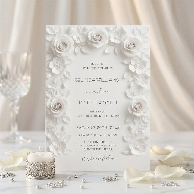 Invitación Rosas de relieve falso blanco marco boda minimalis (Subido por el creador)
