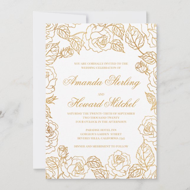 Invitación rosas de Relieve metalizado dorado moda boda moder (Anverso)