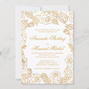 Invitación rosas de Relieve metalizado dorado moda boda moder