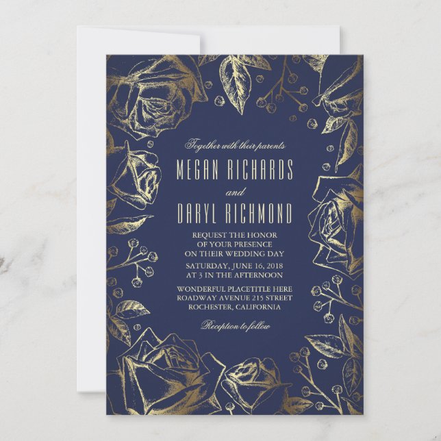 Invitación Rosas de Relieve metalizado dorado y Boda de la Ma (Anverso)