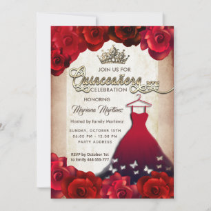 Invitación Rosas de ropa de mariposa de cosecha roja tiara Qu