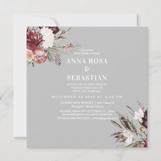 Invitación *~* Rosas de RSVP Burgandy Floral AR15 + BODA (Anverso)