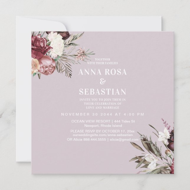 Invitación *~* Rosas de RSVP Floral Burgandy AR15 + BODA (Anverso)