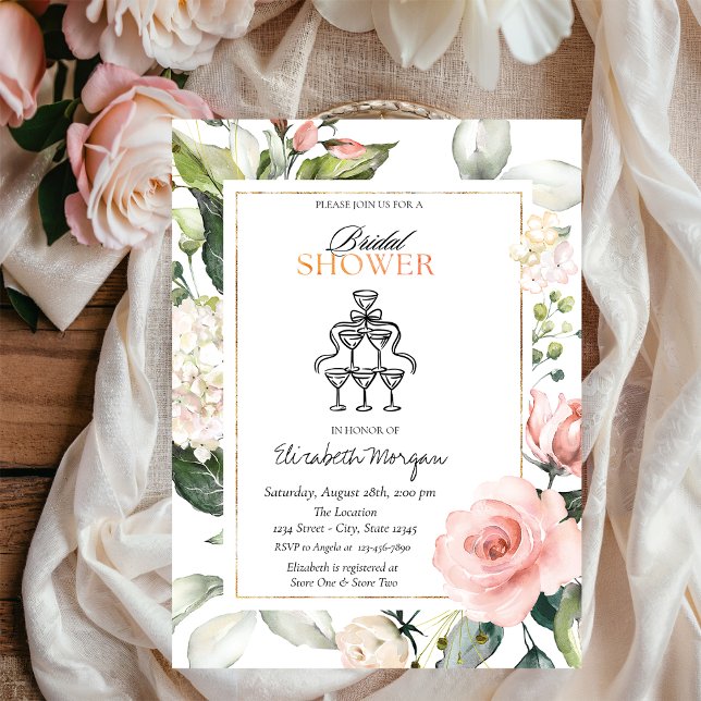 Invitación Rosas de Rubor Champagne Glasses Bridal Shower (Subido por el creador)