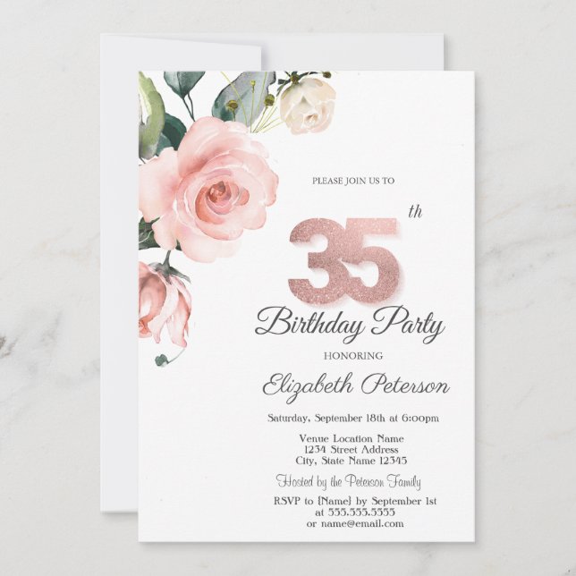 Invitación Rosas de Rubor de acuarela 35 cumpleaños (Anverso)