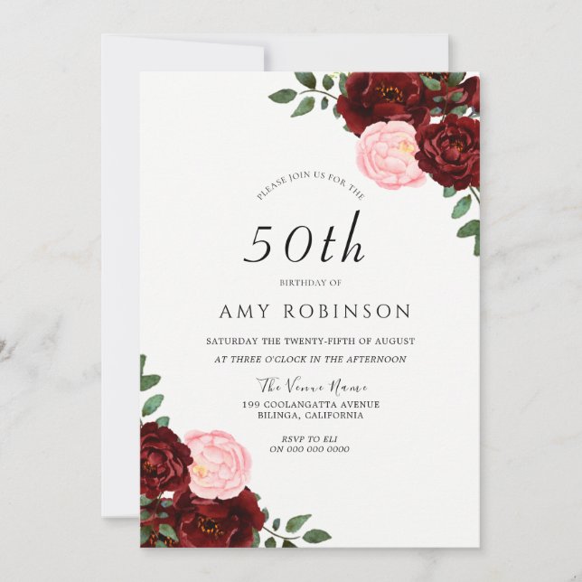 Invitación Rosas de Rubor de Borgoña Fiesta de cumpleaños núm (Anverso)