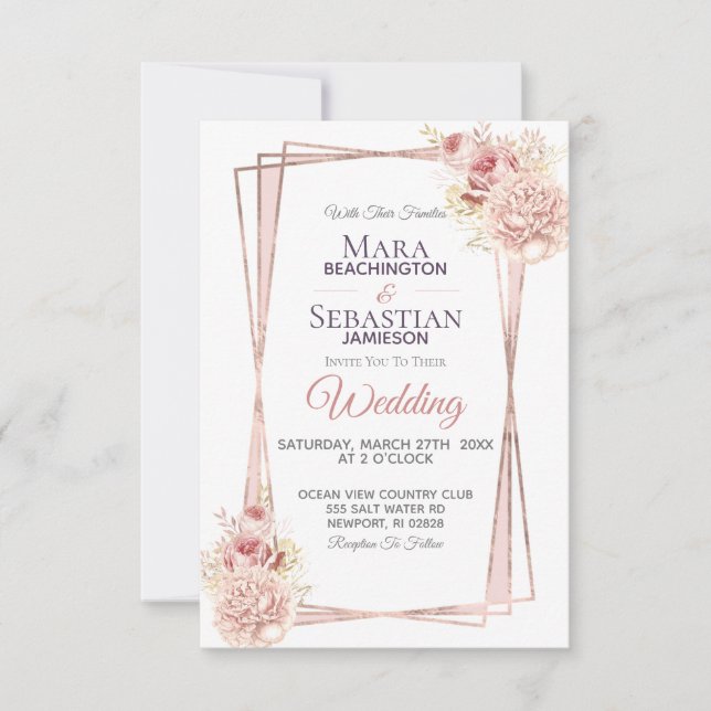 Invitación *~* Rosas de Rubor de marco de Purpurina geométric (Anverso)