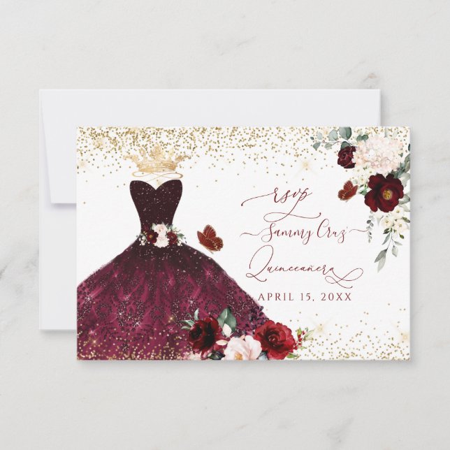 Invitación Rosas de Rubor de PixDezines Borgoña Quinceanera R (Anverso)