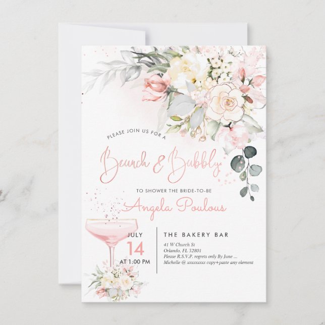 Invitación Rosas de Rubor de PixDezines Brunch Bubbly Cream (Anverso)