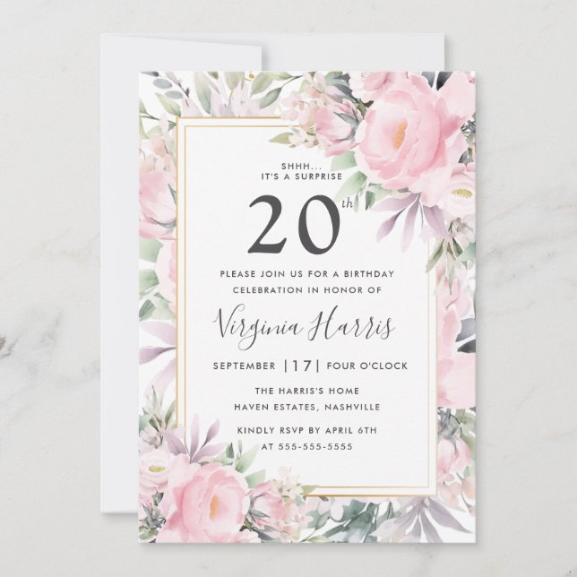 Invitación Rosas de Rubor Floral Veinte años (Anverso)