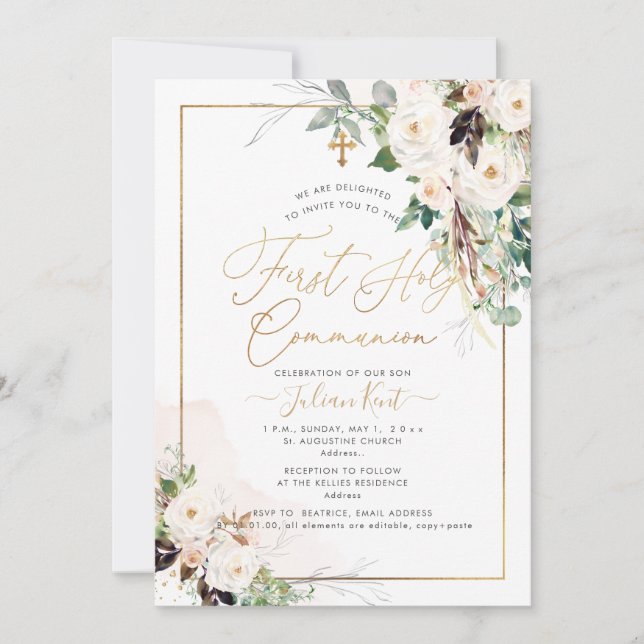 Invitación Rosas de Rubor H2 de PixDezines Primera Santa Comu (Anverso)