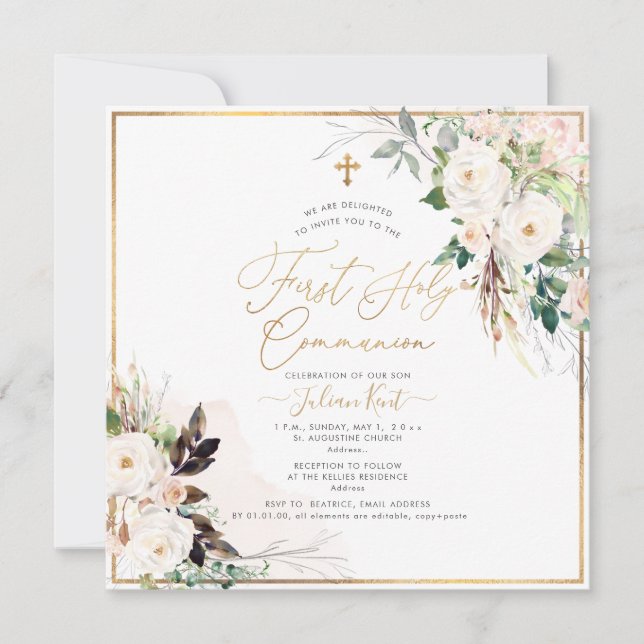 Invitación Rosas de Rubor H2 de PixDezines Primera Santa Comu (Anverso)