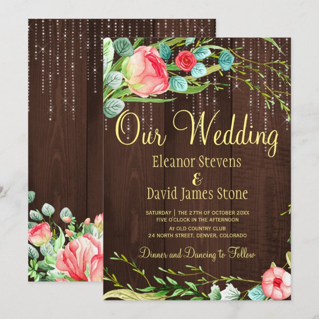 Invitación rosas de Rubor luces de cuerda rústicas boda de ma (Anverso / Reverso)