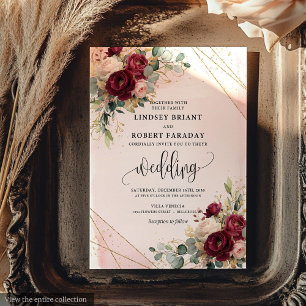 Invitación Rosas de Rubor Merlot Gold de lujo matrimonio eleg