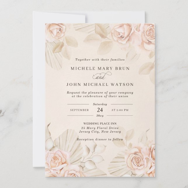 Invitación Rosas de Rubor Neutral Boho Beige Tan Boda Floral (Anverso)