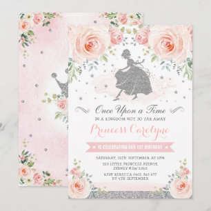 Invitación Rosas de Rubor Plateados Princesa Cenicienta Cumpl