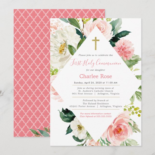 Invitación Rosas de Rubor Primera comunión y Brunch rosa y bl (Anverso / Reverso)