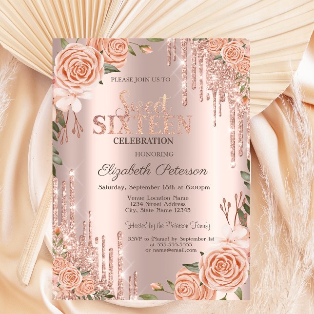 Invitación Rosas de Rubor Purpurinas Drips Rosa Gold Sweet 16 (Subido por el creador)