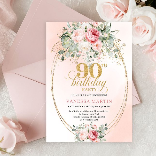 Invitación Rosas de Rubor Refinadas Cumpleaños 90 Dorado Mini (Modern Bohemian Blush Floral 90th Birthday Invitation)