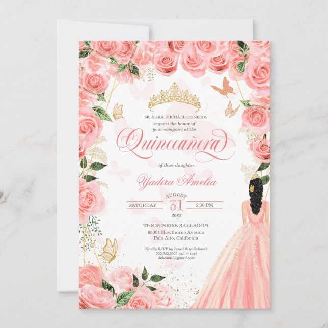 Invitación Rosas De Rubor Rosa Quinceanera Elegantes Mariposa (Anverso)