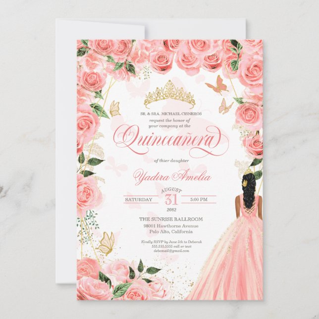 Invitación Rosas De Rubor Rosa Quinceanera Elegantes Mariposa (Anverso)