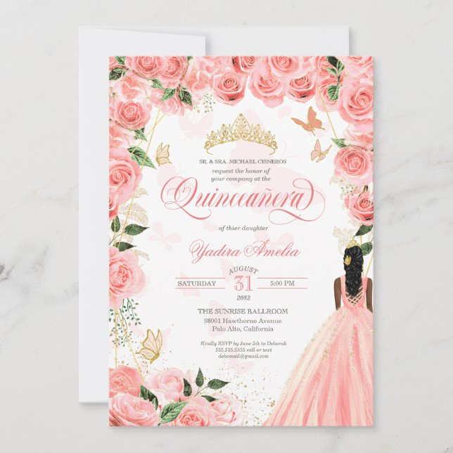 Invitación Rosas De Rubor Rosa Quinceanera Elegantes Mariposa (Anverso)