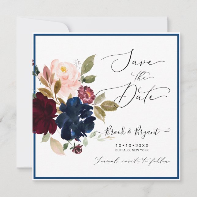 Invitación Rosas de Rubor Watercolor Dusty Blue Burgundy (Anverso)