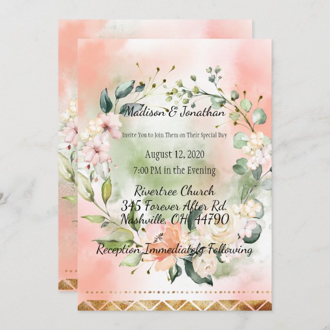 Invitación Rosas de Rubor Watercolor Elegant Script Boda (Anverso / Reverso)