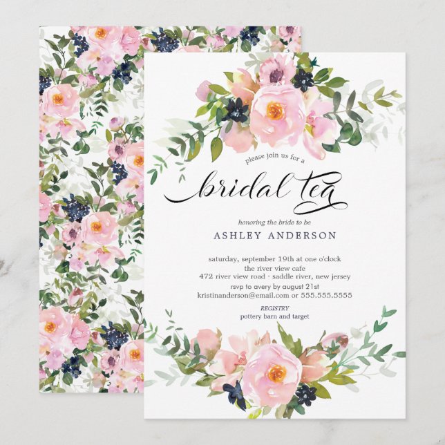 Invitación Rosas de Rubor y novias con té de novia (Anverso / Reverso)