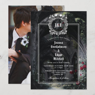 Invitación Rosas de ruinas góticas monograma floral foto boda