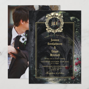 Invitación Rosas de Ruinas Góticas Monograma Floral Foto Boda