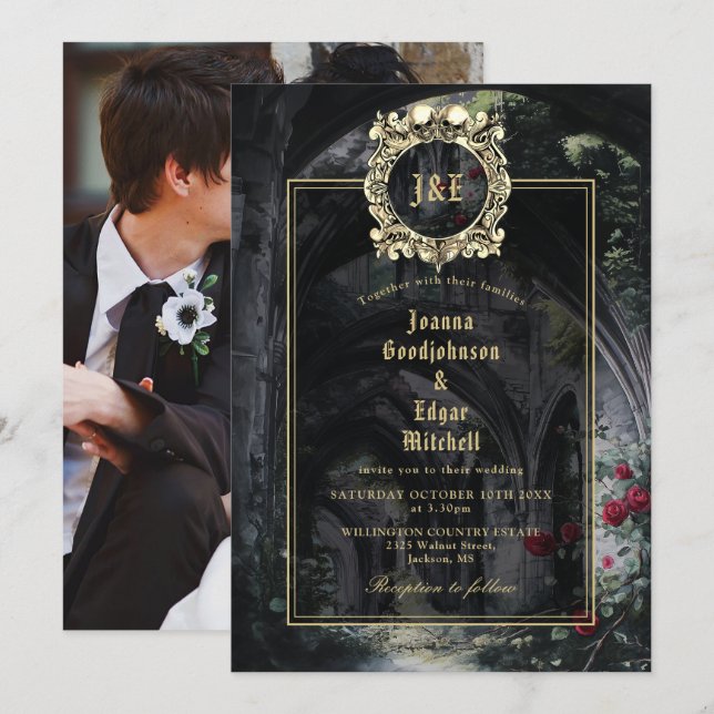 Invitación Rosas de Ruinas Góticas Monograma Floral Foto Boda (Anverso / Reverso)