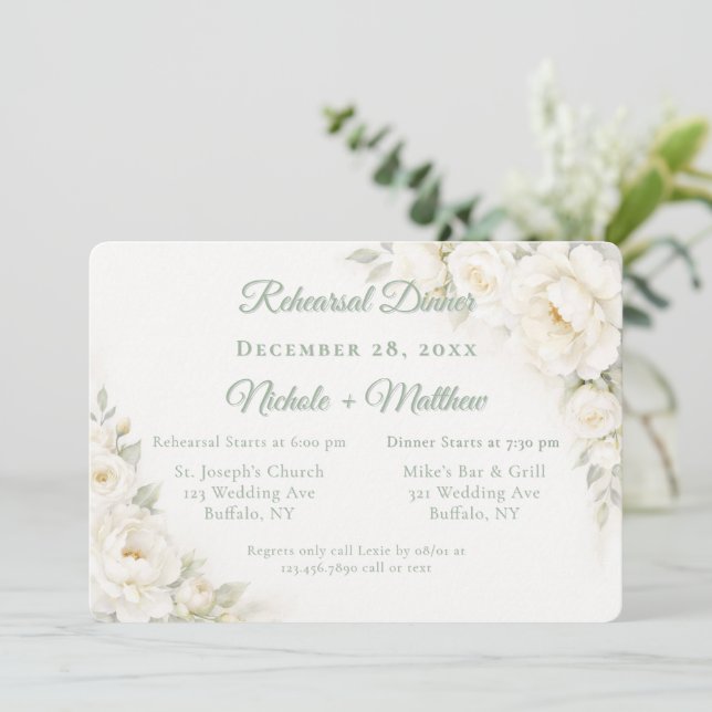 Invitación Rosas de Satén Blanco Cena de Ensayo de Boda (Anverso de pie)