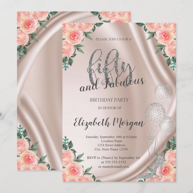 Invitación Rosas de Silver High Heels Fiesta de cumpleaños 50 (Anverso / Reverso)